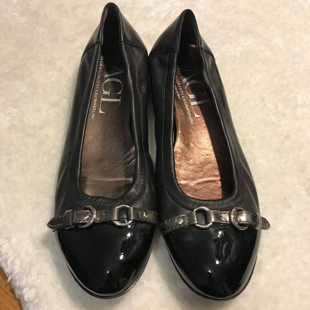 AGL Cap Toe Ballet Flats Black Patent Leather Size 40